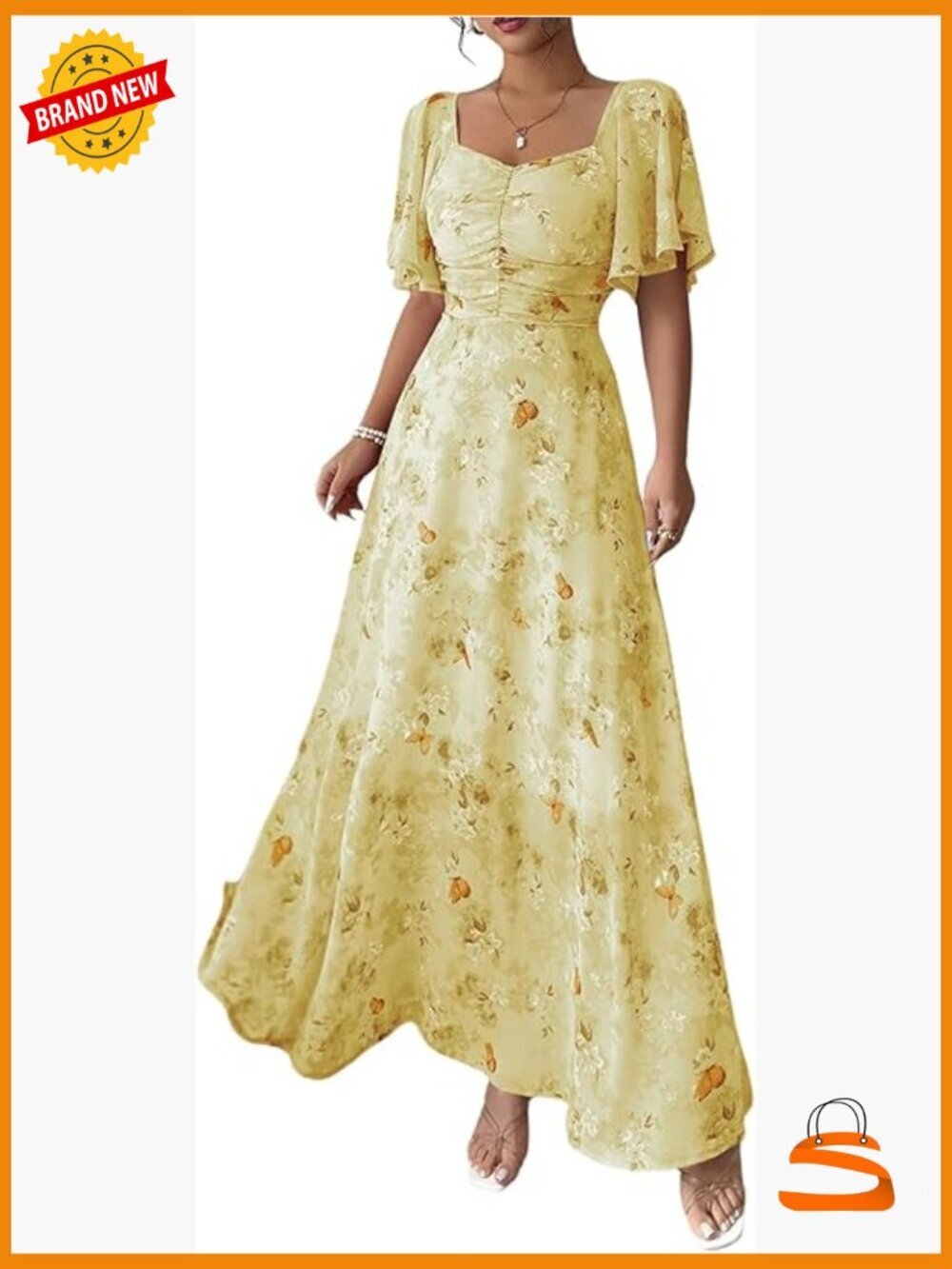 Butterfly Short Sleeve Boho Maxi Dress Sweetheart Neck A Line